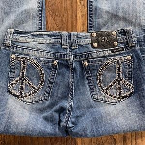 Miss Me Embellished, Distressed Jeans-Peace Sign Pockets Sz 32 Boot Cut